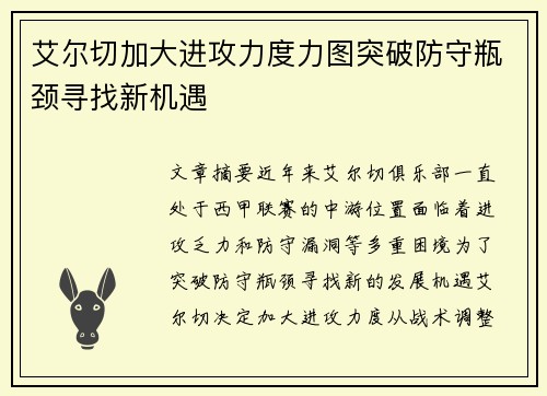 艾尔切加大进攻力度力图突破防守瓶颈寻找新机遇