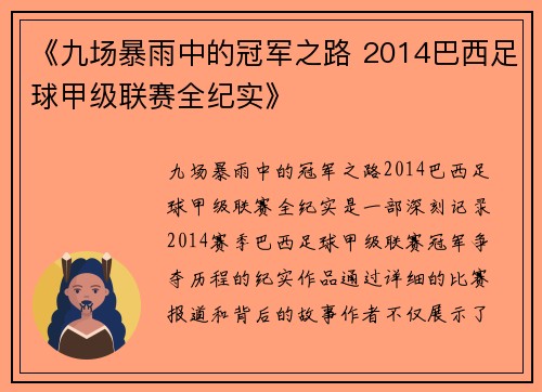 《九场暴雨中的冠军之路 2014巴西足球甲级联赛全纪实》