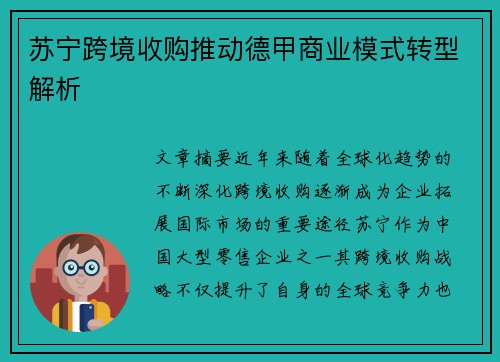 苏宁跨境收购推动德甲商业模式转型解析