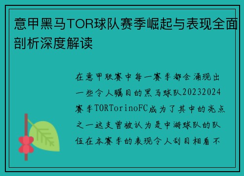意甲黑马TOR球队赛季崛起与表现全面剖析深度解读