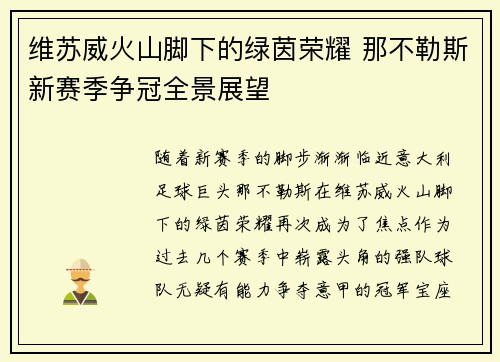 维苏威火山脚下的绿茵荣耀 那不勒斯新赛季争冠全景展望