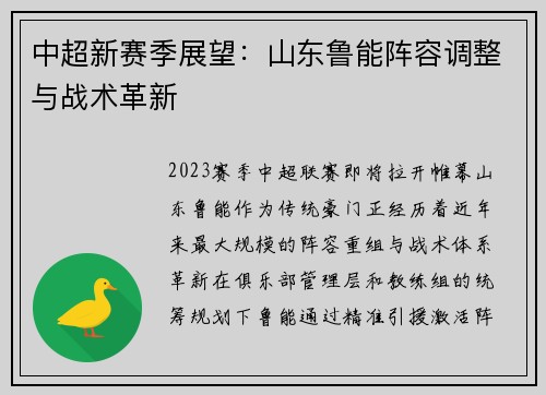 中超新赛季展望：山东鲁能阵容调整与战术革新